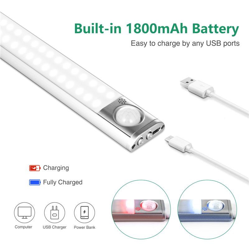 FR Stock LED Gabinete USB Litio Batería Recargable Lámpara inalámbrica Cuerpo Sensando Luz Magnético Strip