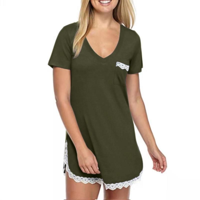 Vestido Mujer Manga Corta Top De Encaje Con Cuello En V Sóli Vestido Mujer Manga Corta Top De Encaje Con Cuello En V Sóli