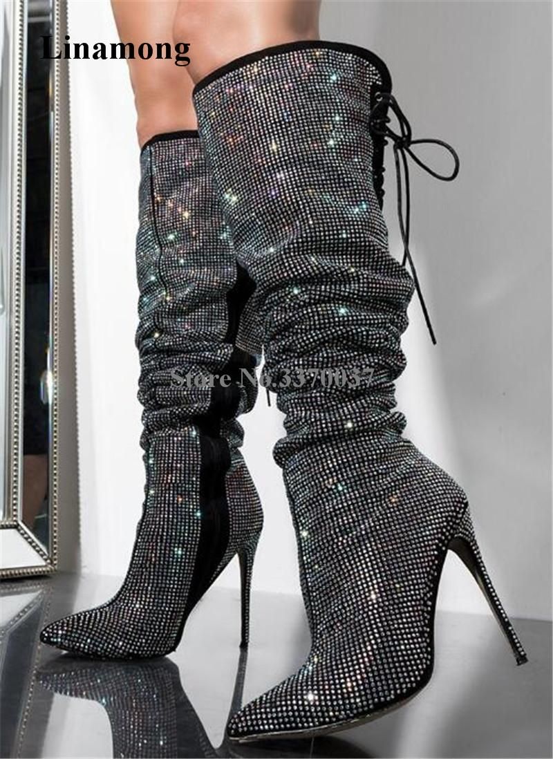 Koop Laarzen Dames Luxe Bling Puntschoen Teen Rhinestone Dunne Hak Over  Knie Terug Veterschoenen Zwart Crystal High Long Goedkoop | Snelle Levering  En Kwaliteit | Nl.Dhgate