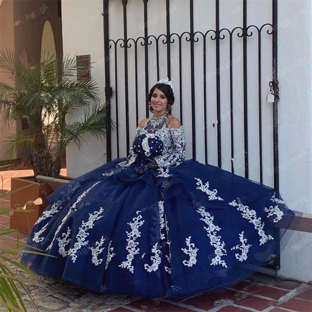 Elegantes vestidos de quinceañera azul marino con apliques de encaje blanco Mangas largas Bola de bolas Elegantes vestidos de quinceañera azul marino con apliques de encaje blanco Mangas largas Bola de bolas
