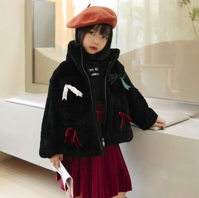 Jackets Children Red Fur Coat Winter Natural Rex Overcoat Bow
