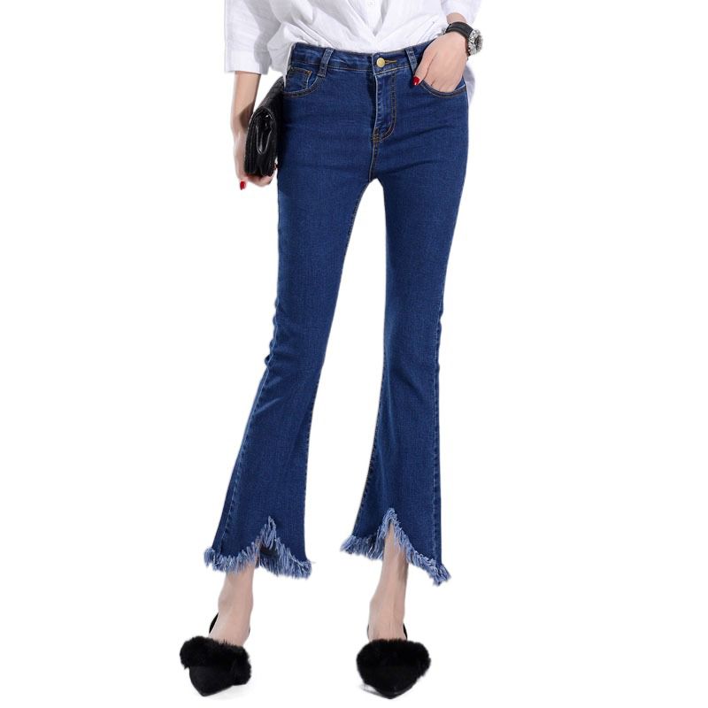Compra Ladies Jeans Denim Tobillo Duración Pantalones Elasticidad Jeans  Mujer Azul Irrregular Tassel Alto Cintura Slim Blare Pantalones Para Mujer  Barato | Entrega Rápida Y Calidad | Es.Dhgate