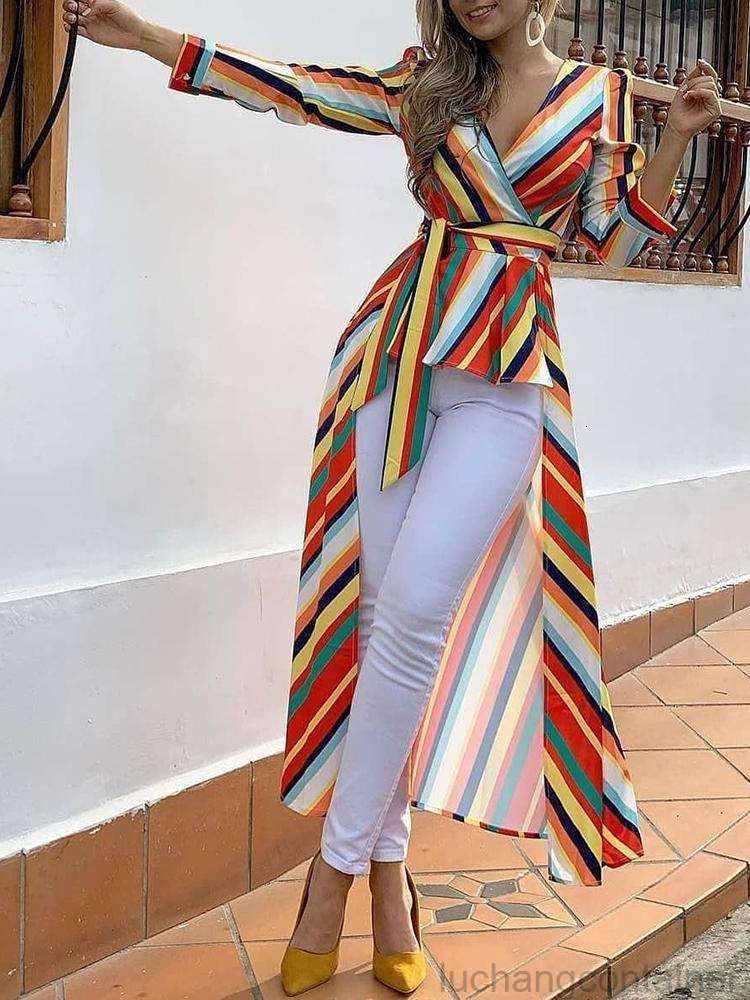 Compra Mujeres Moda Elegante Oficina Oficina Ropa De Trabajo Asimétrica  Blusa Larga Femenina Top Top Rayas Atrilado Frente Dip Hem Shain Barato |  Entrega Rápida Y Calidad | Es.Dhgate
