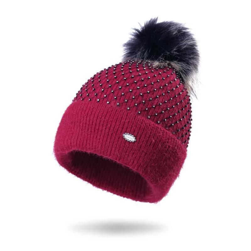 HanXi Luxury Rhestones Messy Winter Beanie Hat Womens Warm Cotton Pom