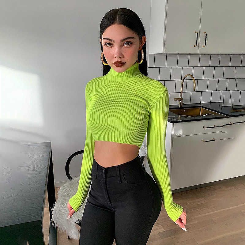 Casual Turtleneck Long Sleeve Fluorescent Green Knitted T-shirt Woman Fall  Ribbed Stretch Basic Crop Tee