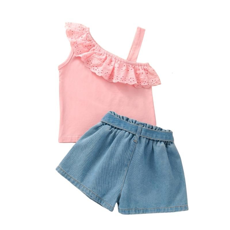Clothing Sets Toddler Baby Girl Summer Outfits One Shoulder Strap Ruffle Lace Shirt Top And Jeans photo