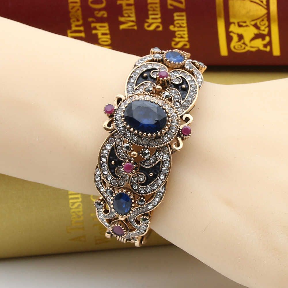 Sunspicems Retro Bohemia Black Crystal Bracelet Vintage Turkish Bangle For  Women Hollow Flower Cuff Bracelet Antique Gold Color