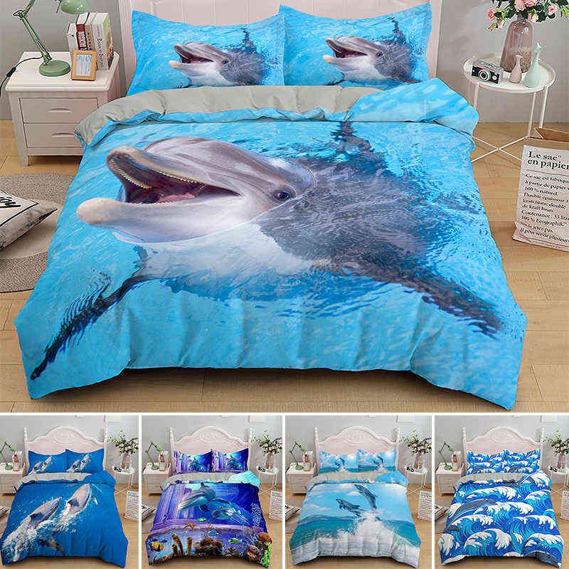 3D Dolphin In Blue Sea Queen King Size Bedding Sets Animal Single Quilt  Duvet Cover Set Kids Adult Bed Linen Bedclothes H1222