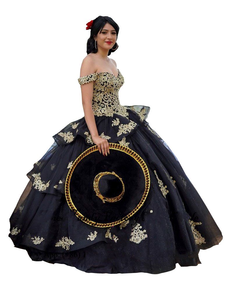 2022 Apliques negros y oro Quinceañera Vestidos fuera del hombro vestido de bola voladoras dulce 15 2022 Apliques negros y oro Quinceañera Vestidos fuera del hombro vestido de bola voladoras dulce 15