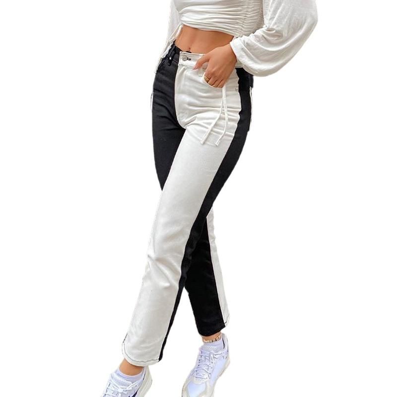 Compre Negro Blanco Patchwork Jeans Mujeres Primavera 2021 Moda Contraste  Color Alto Cintura Ancha Pierna Mujer Recta Pantalones De Mezclilla Recto A  24,09 € Del Aape01 | Es.Dhgate.Com