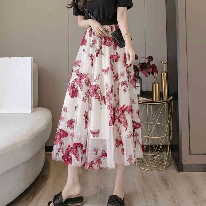 Faldas Bordadas Gauze 3D Floral A-Line Plised Tulles Faldas Largas