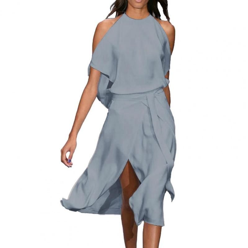 Compra Vestidos Casuales Vestido De Verano Vestido Elegante Color Sólido  Del Hombro Halter Mid Calf Halter Hallow Out A Line Split Doem Barato |  Entrega Rápida Y Calidad | Es.Dhgate