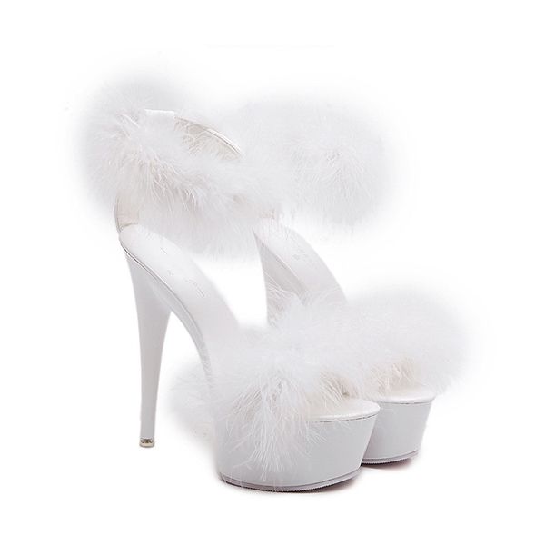 white fluffy platform heels