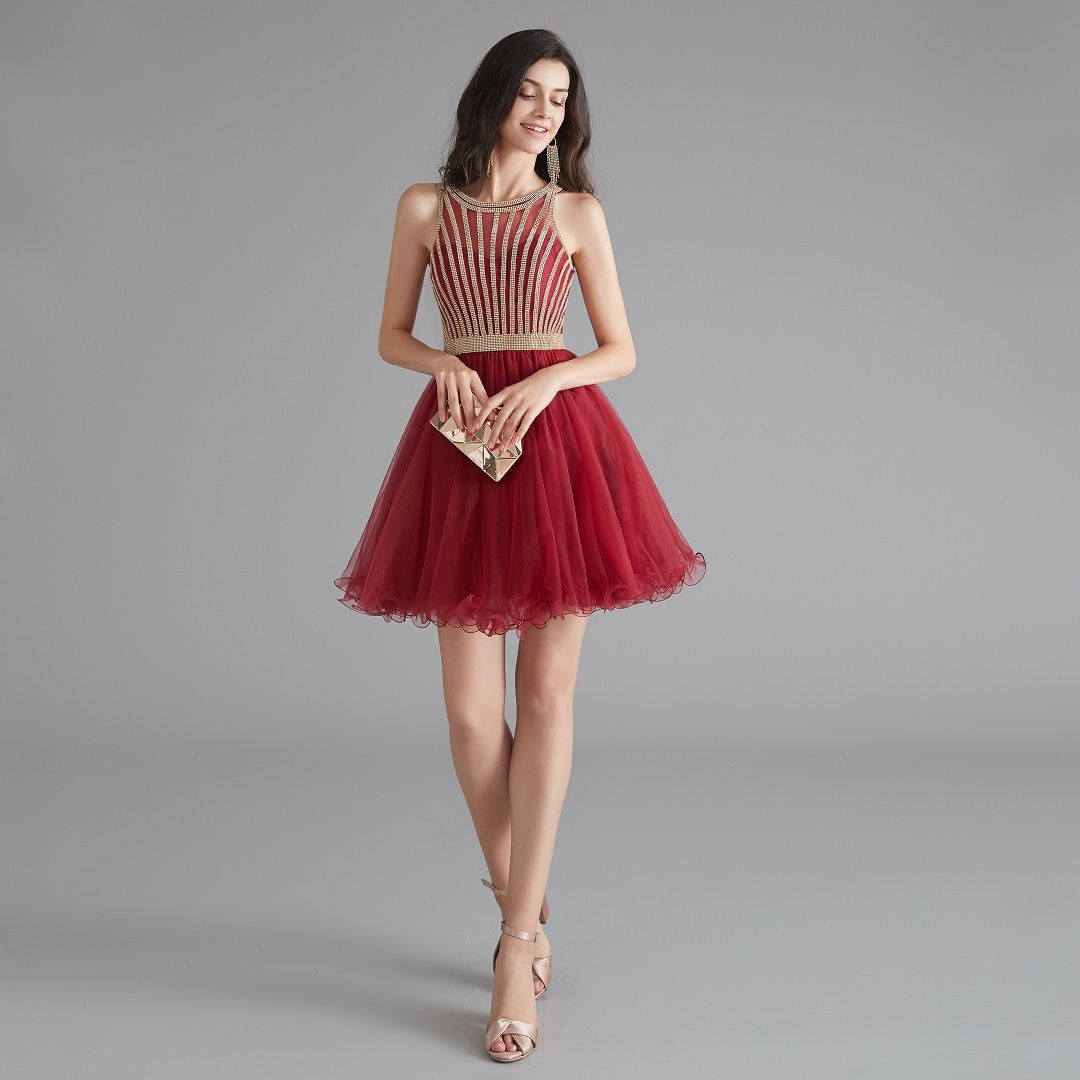 Vestidos de cóctel rojos cortos mini vestidos de fiesta sexys falda de red  encantadora varios colores