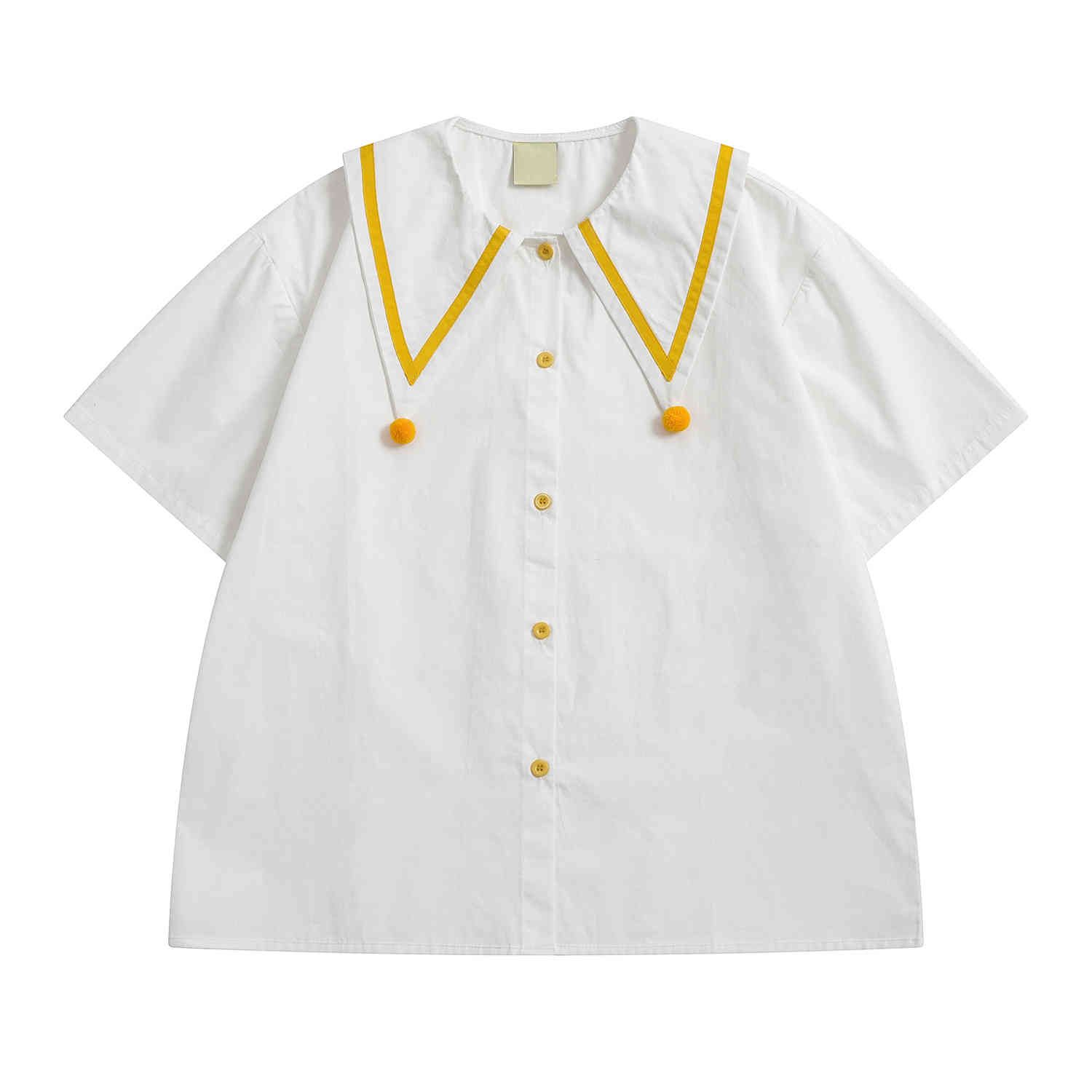 Moda coreana Blusa blanca Manga corta Algodón Boll Adolescente Chicas Tops Sweet