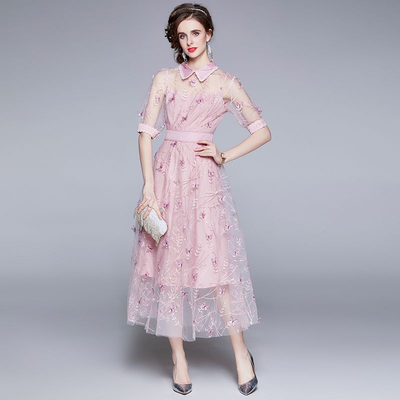 2021 doce malha bordado bordado vestido rosa mulheres designer retro elegante elegante manga curta escritório magro 2021 doce malha bordado bordado vestido rosa mulheres designer retro elegante elegante manga curta escritório magro
