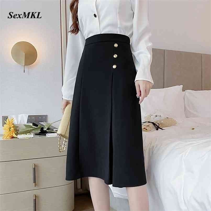 Verano negro faldas largas para moda estilo alto cintura oficina elegante delgado botón sexy