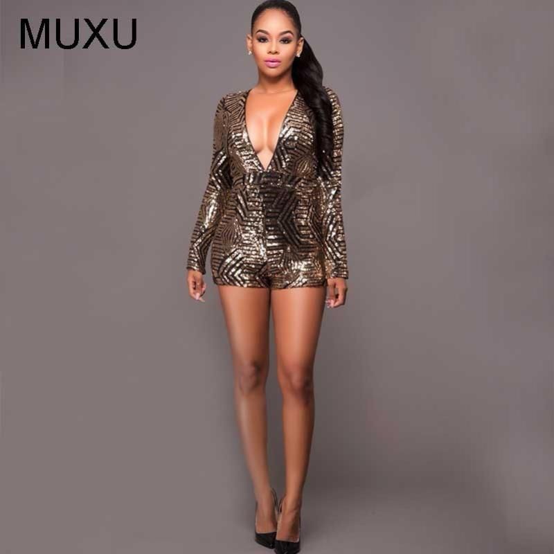 Женские комбинезоны Rompsers Gold Sequin Bletitter Bodysuit Комбинезон  Короткие Макакао Феминино Женщины с длинным рукавом Черное тело Муджеру  Сексуальные костюмы