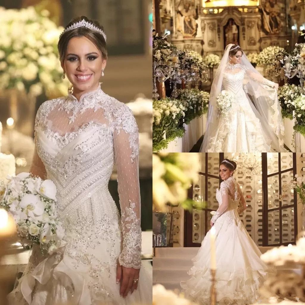 Increíble encaje con cuello alto vestido nupcial sheer manga larga pesada vestidos de novia con abalorios Increíble encaje con cuello alto vestido nupcial sheer manga larga pesada vestidos de novia con abalorios