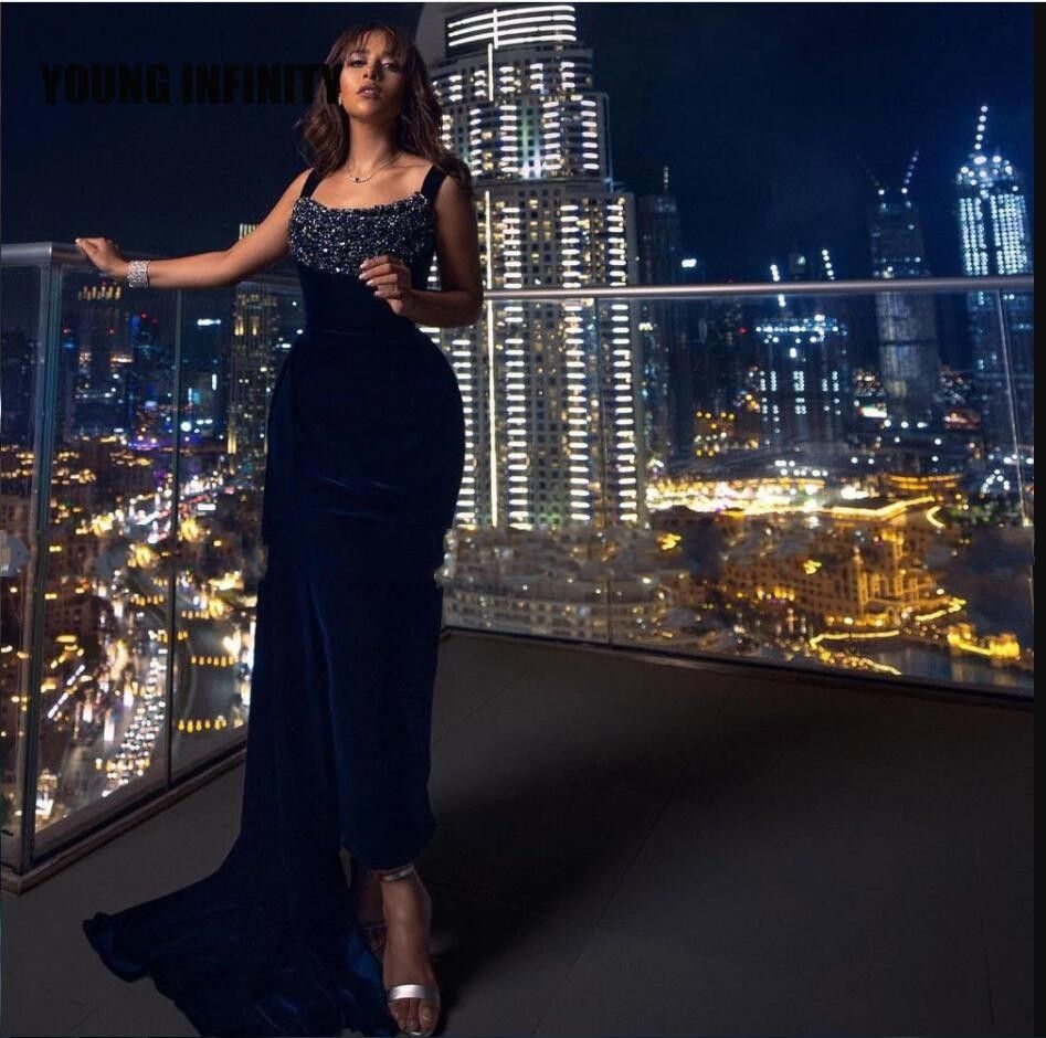 2022 Dark Navy Velvet Formal Dresses 