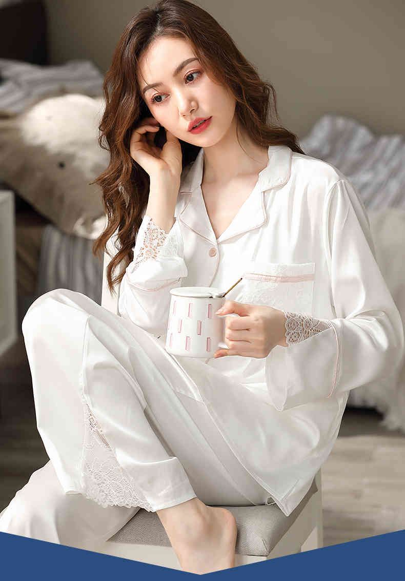 Ropa de dormir seda de hielo pijamas pijamas primavera blanco dormitorio pjs encaje pijama