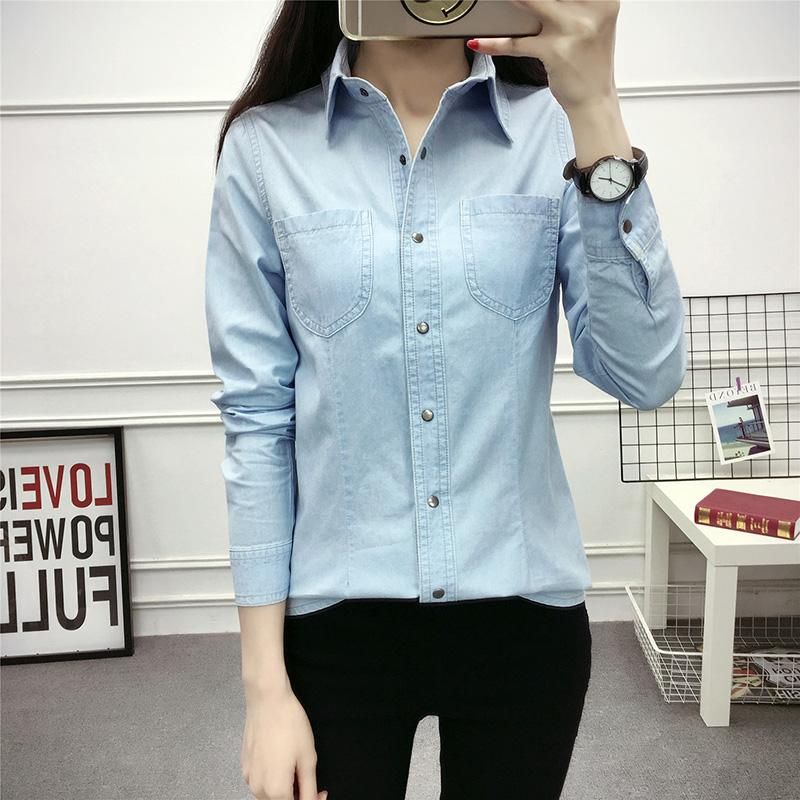 Compra Blusas De Mujer Camisas De Manga Larga Camisetas Jeans Femme Casual  Solid Button Up Denim Women S 3XL Tallas Grandes Tops De Las Damas  Bolsillos Jean Barato | Entrega Rápida Y