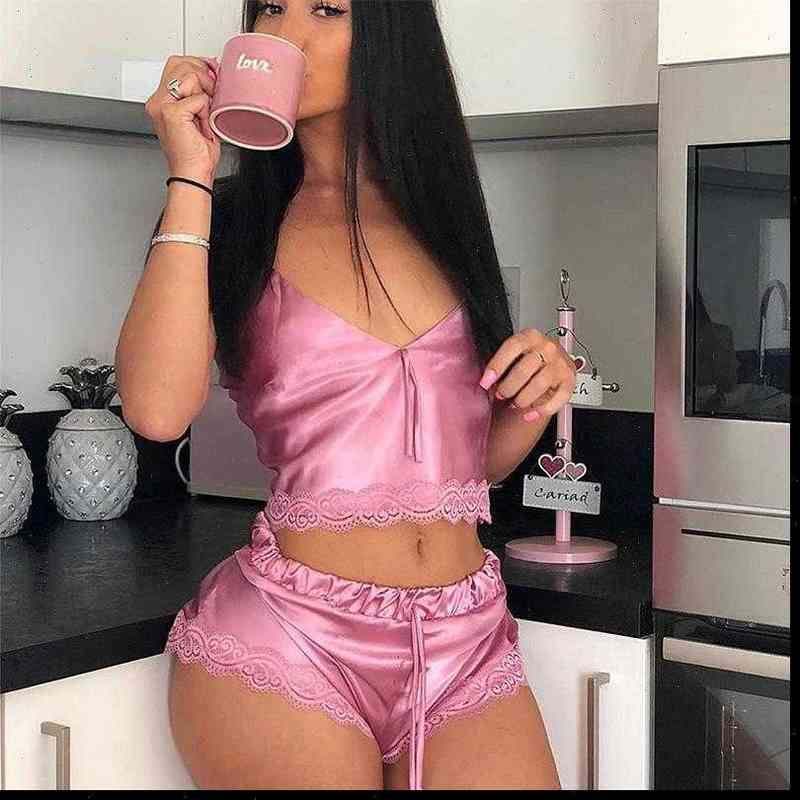 Compra Sexy 2 Piezas De Satén Ropa De Dormir Seda Pijama Fijado Sin Mangas  Pijamas Dormir Pantalones Cortos Encaje Pijama Traje Para Nighties Barato |  Entrega Rápida Y Calidad | Es.Dhgate