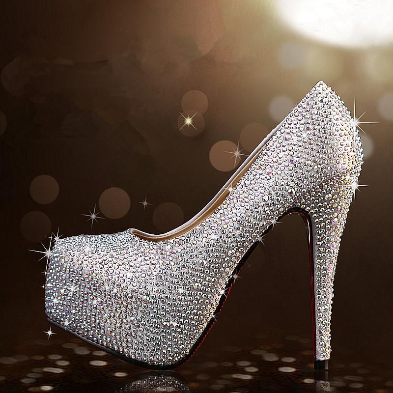 Sexy Champagne Avond Rhinestone Sandalen Dames 2021 Enkelband 14 cm Dikke Hak  Hoge Hakken Peep Toe