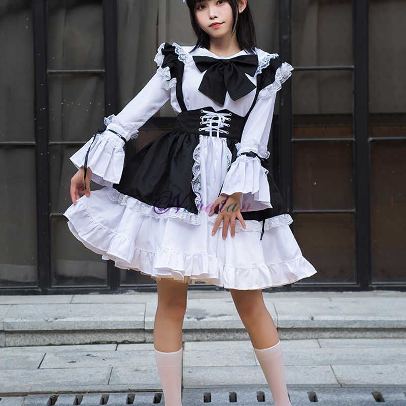 Women Maid Outfit Anime Long Dress Black and White Apron Dress Lolita Dresses
