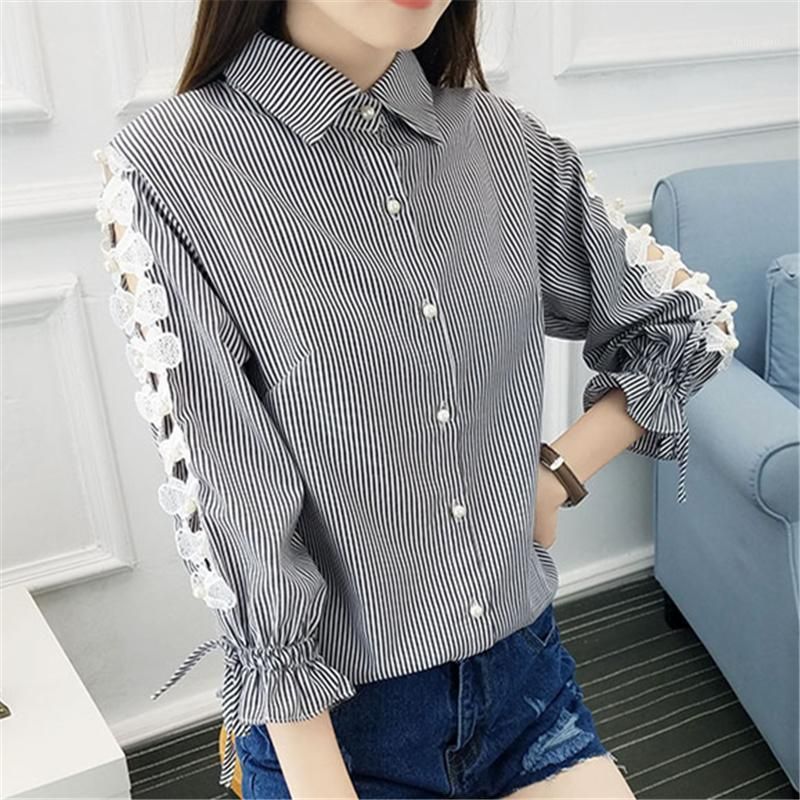 Compra Blusas Para Mujer Camisas 2021 Mujeres Perlas Elegantes Bellas Rayas  Camisa De Rayas Flare Manga Señoras Verano Casual Tops Coreano Moda Hipster  S1010 Barato | Entrega Rápida Y Calidad | Es.Dhgate