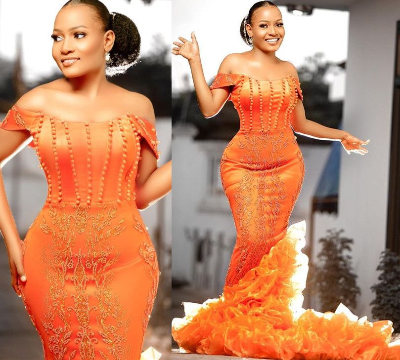 2022 Plus Size Arabic Aso Ebi Orange Luxurious Mermaid Prom Dresses Pearls Lace Beaded Evening Formal Party Second Reception Gowns Dress ZJ603