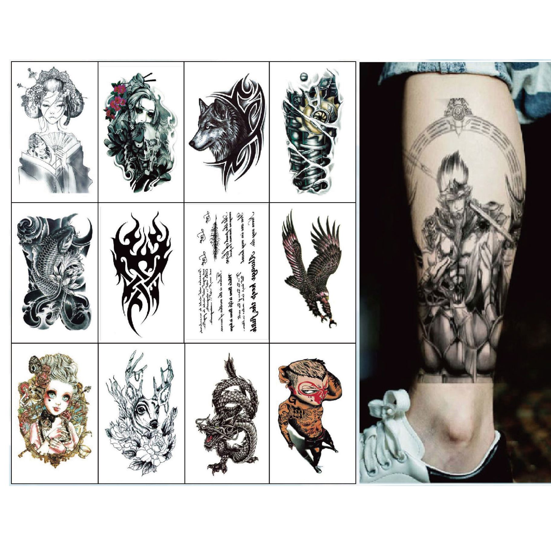 Flower arm leg tattoo stick waterproof Wolf head carp flowers beauty geisha dragon flame mermaid angel Flower arm leg tattoo stick waterproof Wolf head carp flowers beauty geisha dragon flame mermaid angel