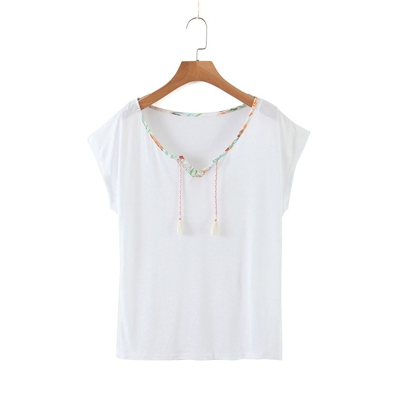 Summer White Cotton T Shirt V Neck Loose Casal Lace Up Tee Tops Summer White Cotton T Shirt V Neck Loose Casal Lace Up Tee Tops