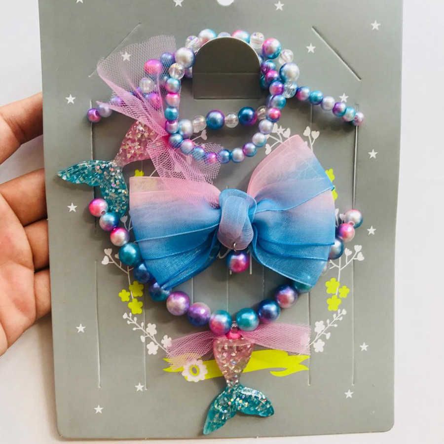 Barn sjöjungfrun pärlstav smycken set stilig vacker färg sjöjungfrun halsband armband båge hårnål set semester fest fest presentdekoration