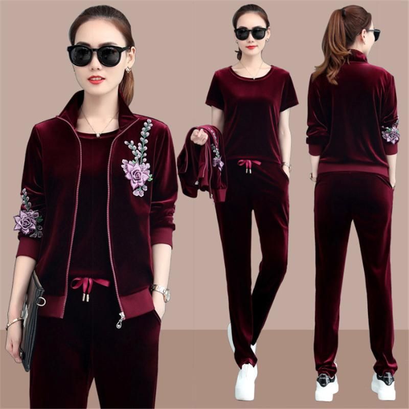 Compre Chándal De Mujer Trajes De Terciopelo Traje De Terciopelo Mujeres  Set De 3 Piezas Otoño Ropa De Invierno 2021 Chaqueta Camiseta De Manga  Corta Pantalones Pantalones Traje De Jogging Sets De