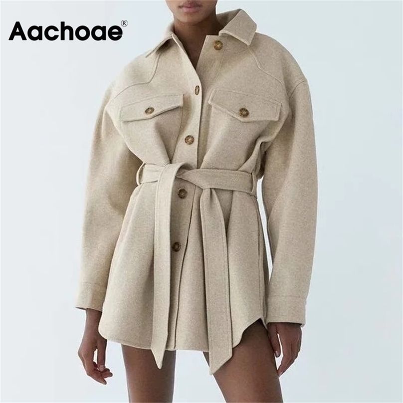 AACHOAE женщины шикарные шерстяные пальто с поясом сплошные с длинным рукавом карманы рубашки Куртки рубашки верхняя одежда поворотный воротник элегантный слой 211104