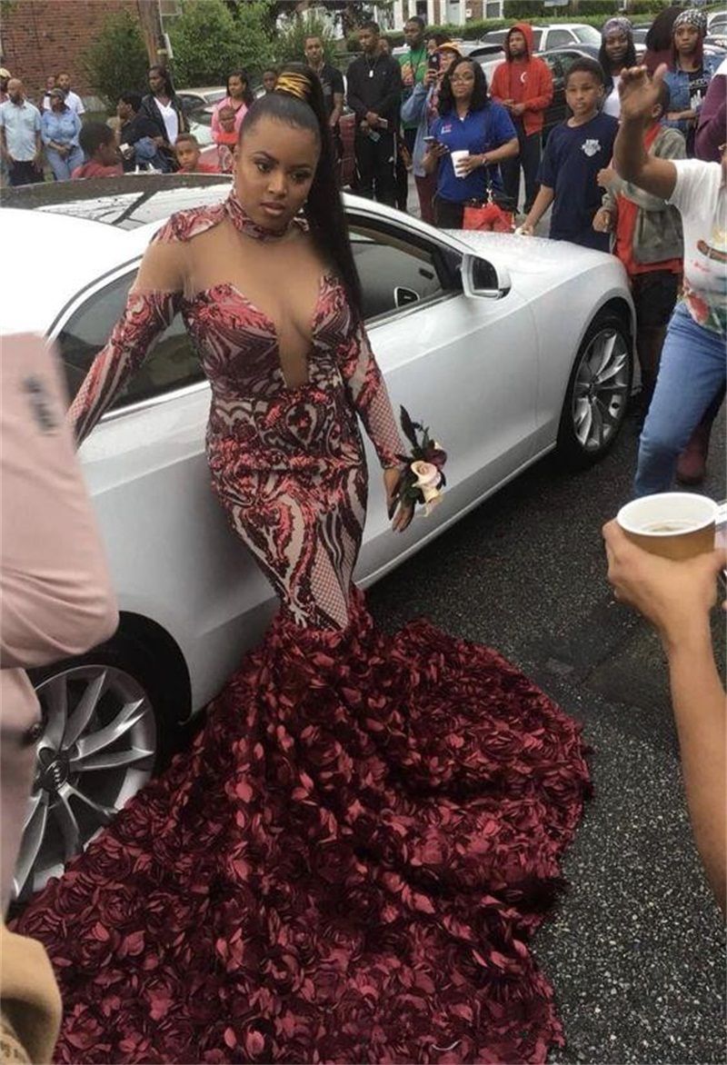 Burgundy Mermaid Prom Dresses Long Sleeve Sexy High Neck 3D Rose Floral Evening  Dress Sweep Train Custom Made Occasion Robe De Mariée From Huifangzou,  $33.18 | DHgate.Com