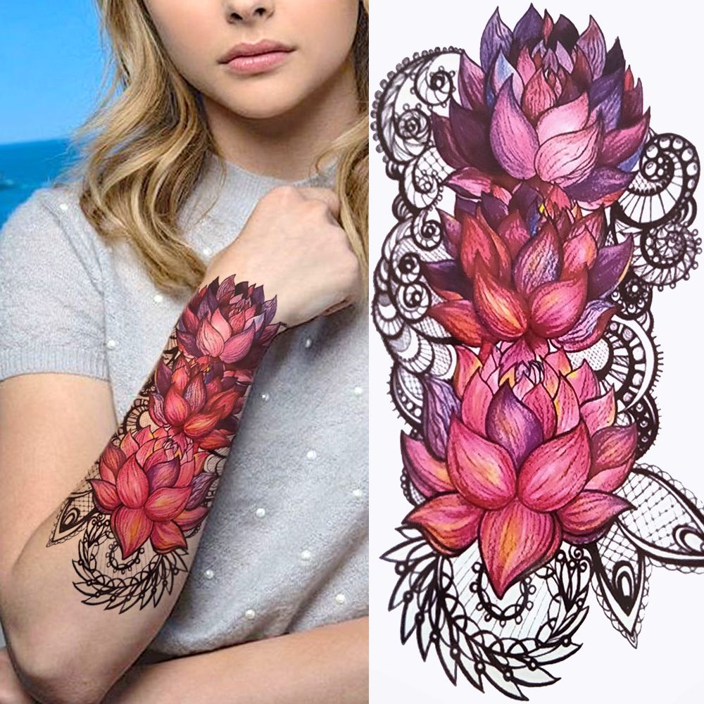 3D Black Flower Temporary Tattoos For Women Rose Peony Lotus Tattoo Sticker  Fake Jewelry Chains Geometric Triangle Tatoo Decal