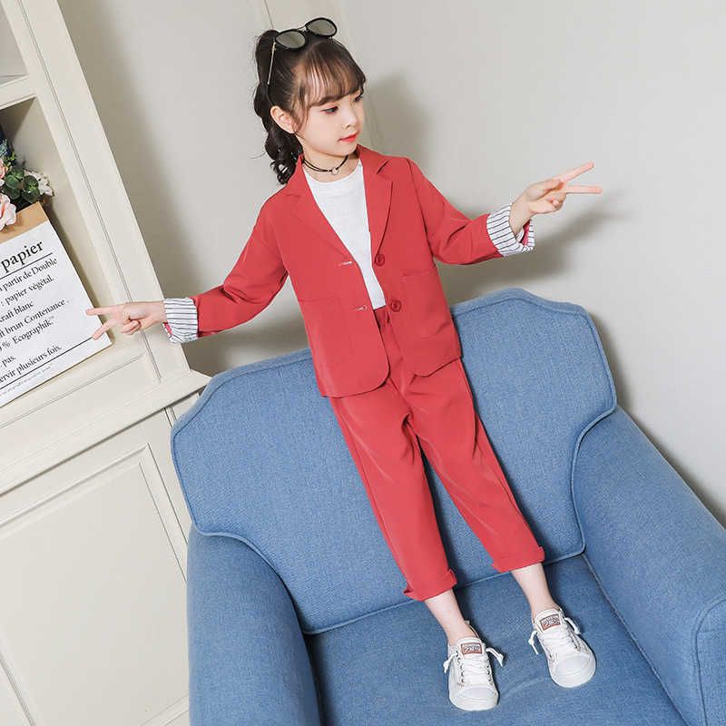 LZH十代の女の子スーツ2021秋の子供の紅動の服のコート+ズボン2個の服装スーツ子供服セット4 5