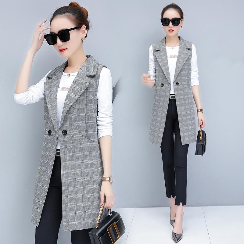 Compra Chalecos De Mujer Primavera Otoño Mujer Chaleco Sin Mangas Medio  Abrigo Largo Delgado Gris A Cuadros Chaleco De Chaleco De La Oficina De La  Oficina Exterior De La Ropa Exterior Del