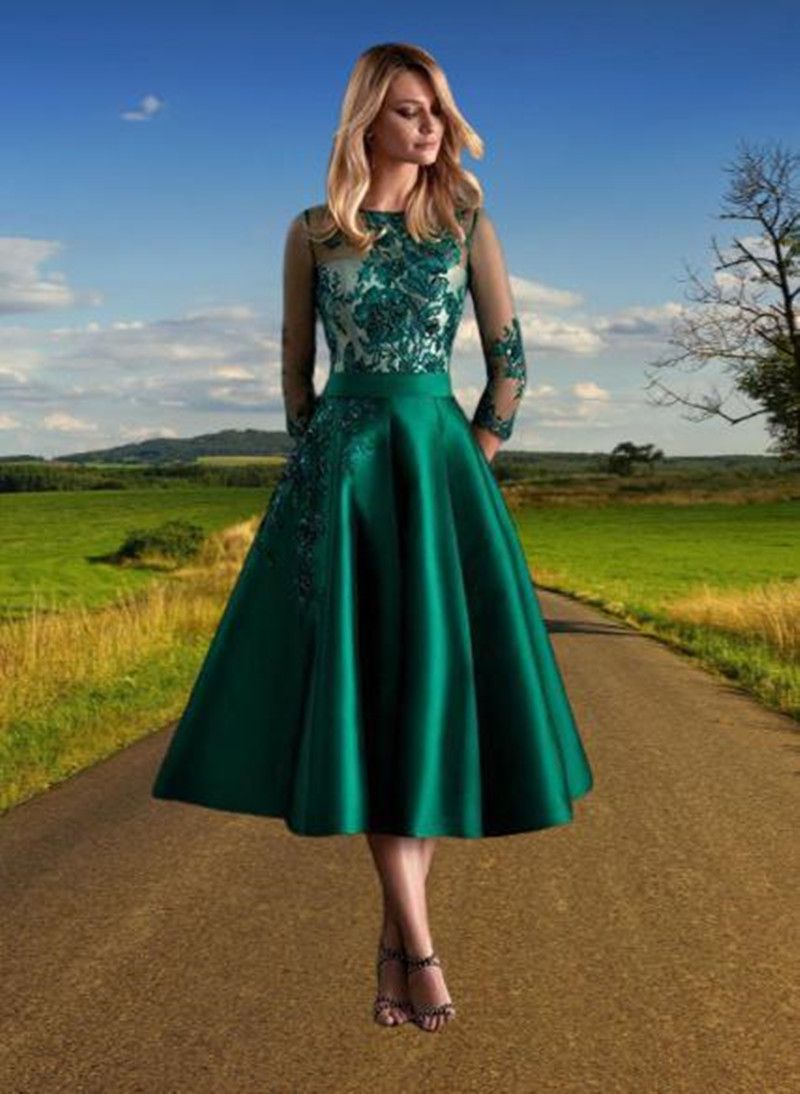 Vestidos elegantes Vestidos de fiesta verde para de encaje cortados de satén cortos Madre