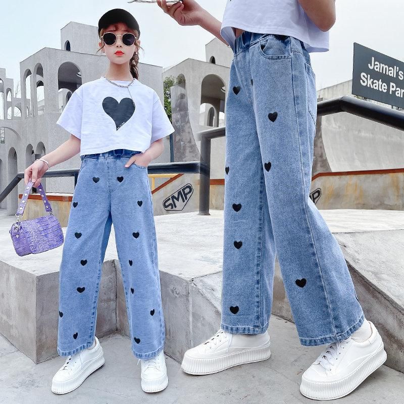 Adolescentes jeans primavera verano moda casual bordado corazón niños pierna pantalones anchos pantalones niños pantalones