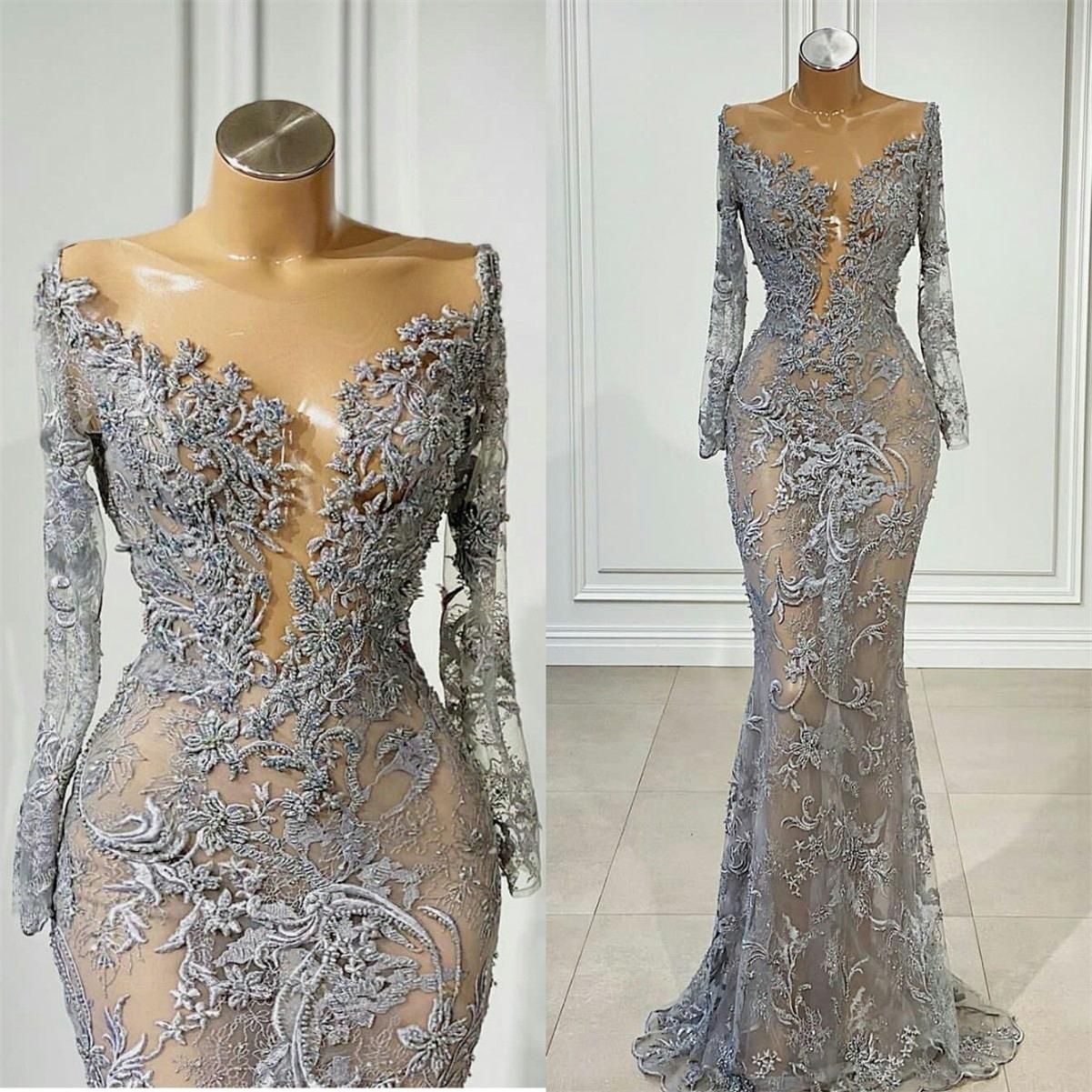 Sexy vestidos de noche transparentes apliques de encaje manga larga sirena vestidos de baile para mujeres Sexy vestidos de noche transparentes apliques de encaje manga larga sirena vestidos de baile para mujeres