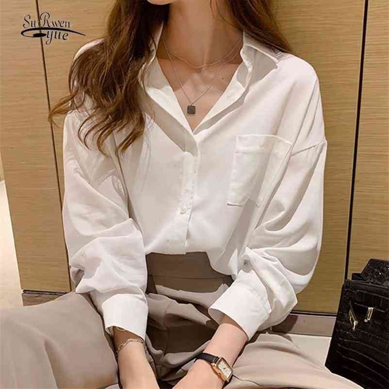 Moda primavera Blusa de manga larga Mujeres estilo coreano solapa camisa blanca de otoño bolsillo