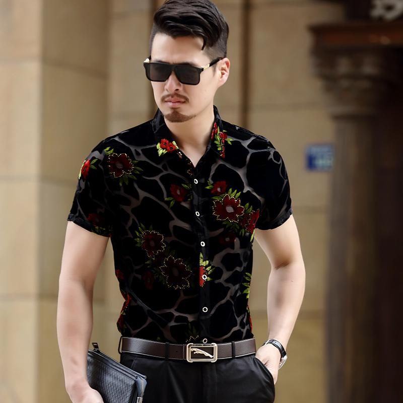 Península muerto cuero Flower Seda Camisa Roja Camisa Social Masculina Transparente Terciopelo Ver  A Través De Sexy Mesh Club Prom Party Outfit Camisetas Casuales De Los  Hombres De 33,26 € | DHgate