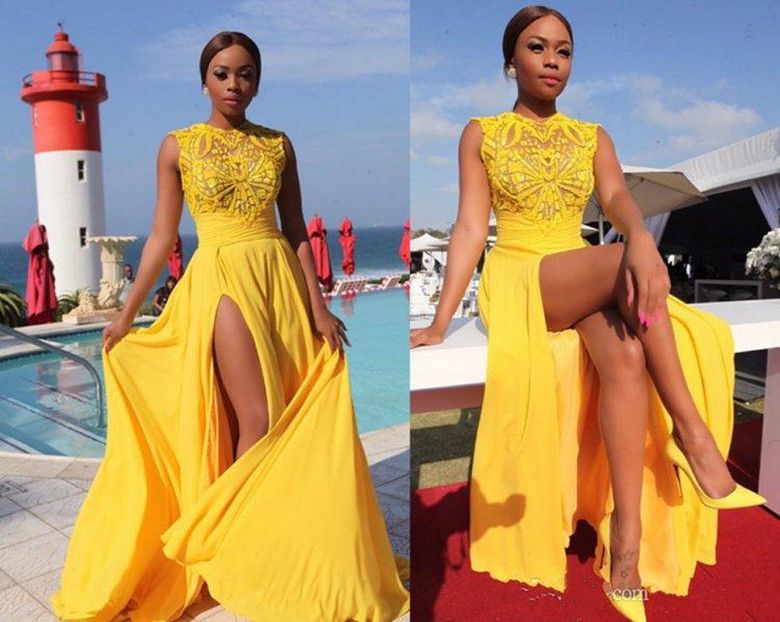 2021 Vestito da sera del promigliando giallo Abito da sera africana A-Line Slim Slit Formale Party Gown Elegante Abiti da celebrità Elegante Abiti personalizzati