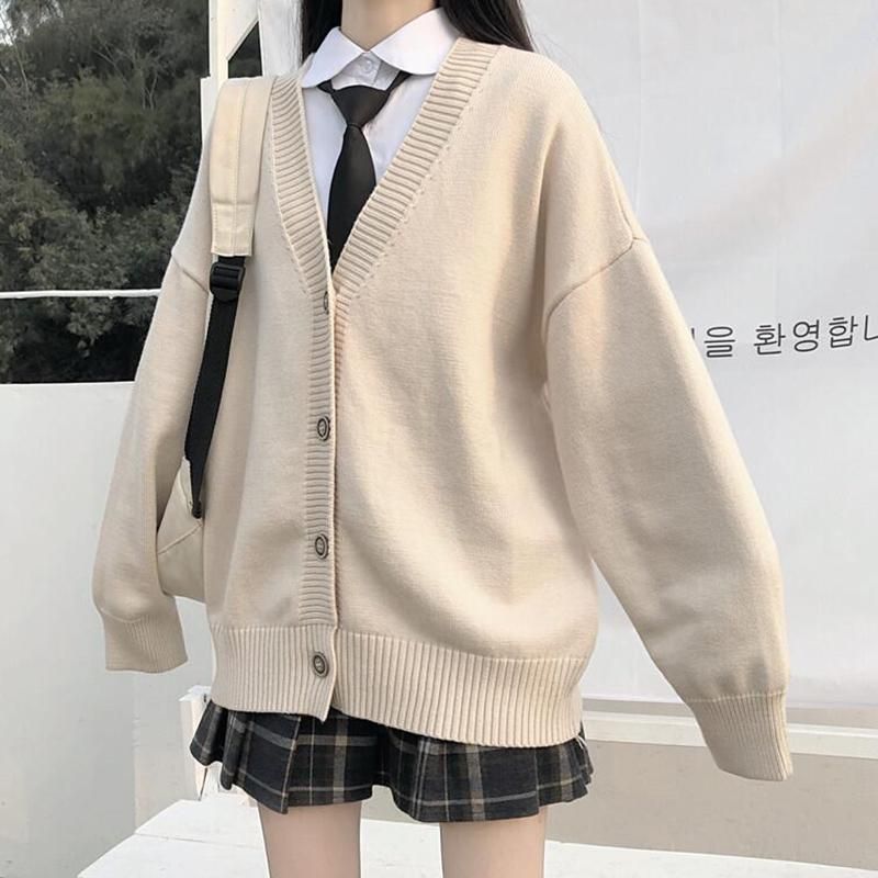 Spring Japanese Women Girl Long Sleeve V-neck Cardigan Sailor Button JK Sweater 