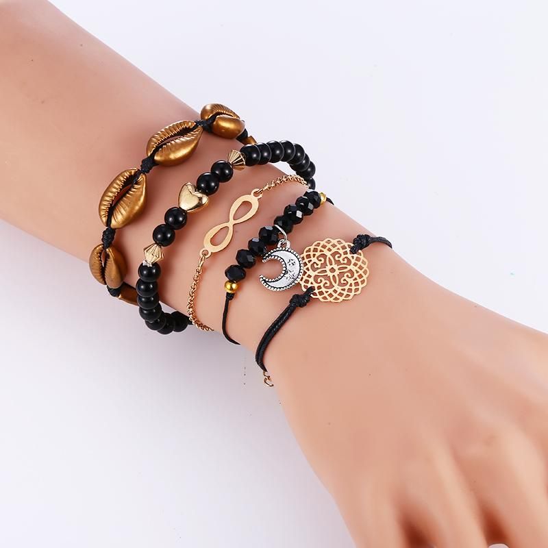 LH 5PCS / SET Mujeres Exquisitas Black Pulseras Kawaii Luna Pulsera niñas Moda Femenino Cáscara