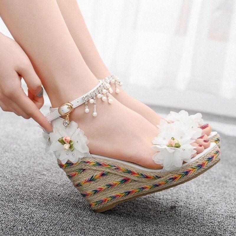 comedia esquema Avenida Crystal 9cm Peep Toe Platform Wedges Sandalias de tacón alto Flor blanca  Cuñas Sandalias Zapatos de