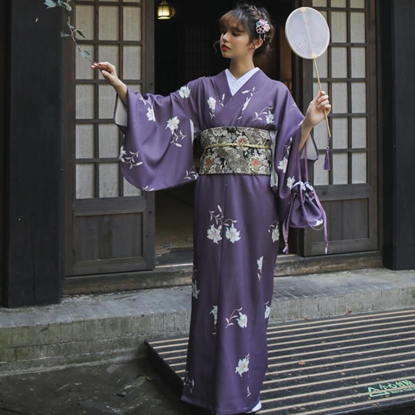 Kadınlar Çiçek Baskı Kimono Japon Zarif Robe Mor Japonya Tarzı Elbise Geleneksel Giysi Sakural V Boyun Oryantal Elbise Asya Etnik Giyim